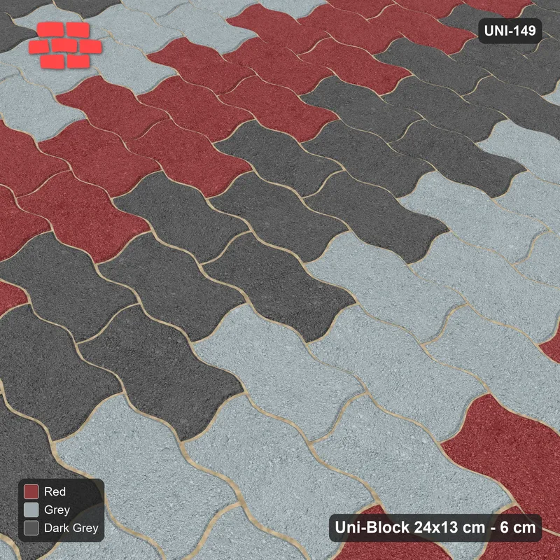 Interlock (Pasco) 24x13 cm · UNI-149 · Alternating vertical columns, 3 wide, straight lay, kerb frame (Urban Brick) · Side view Interlock (Pasco) 24x13 cm · UNI-149 · Alternating vertical columns, 3 wide, straight lay, kerb frame (Urban Brick) · Side view