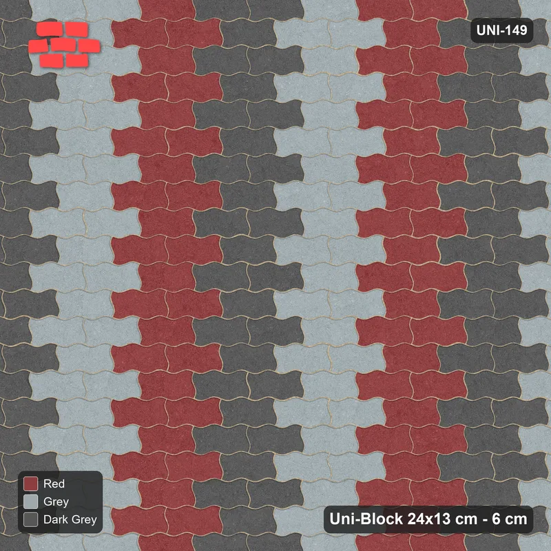 Interlock (Pasco) 24x13 cm · UNI-149 · Alternating vertical columns, 3 wide, straight lay, kerb frame (Urban Brick) · Top view Interlock (Pasco) 24x13 cm · UNI-149 · Alternating vertical columns, 3 wide, straight lay, kerb frame (Urban Brick) · Top view