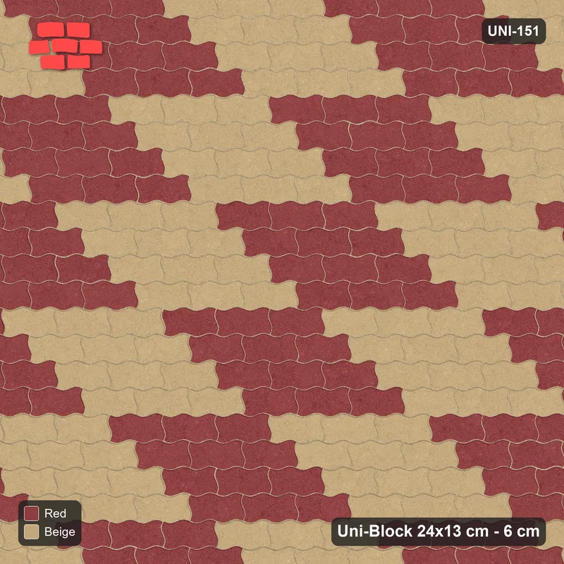 Interlock (Pasco) 24x13 cm · UNI-151 · Checkerboard of 3x4 piece blocks, straight lay, kerb frame (Terracotta) · Top view Interlock (Pasco) 24x13 cm · UNI-151 · Checkerboard of 3x4 piece blocks, straight lay, kerb frame (Terracotta) · Top view
