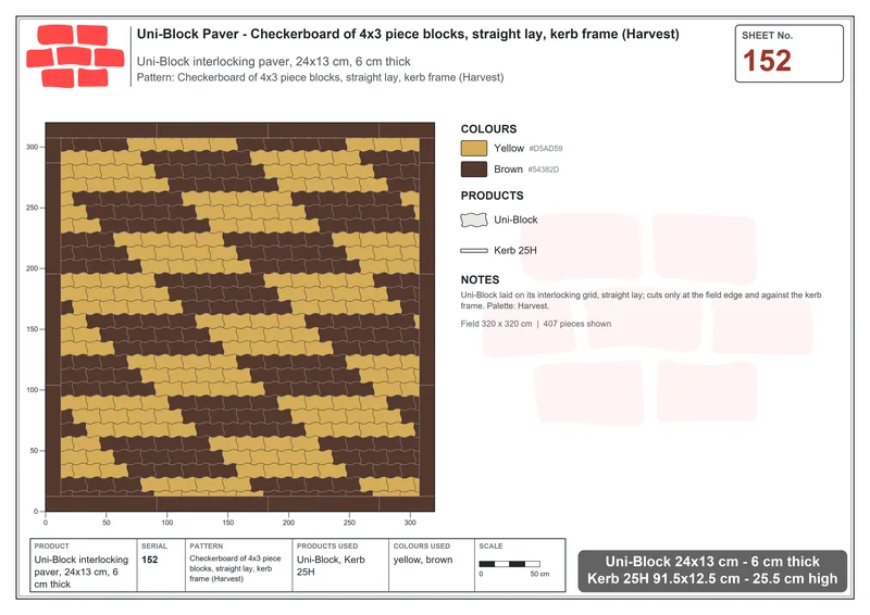 Interlock (Pasco) 24x13 cm · UNI-152 · Checkerboard of 4x3 piece blocks, straight lay, kerb frame (Harvest) · Laying plan