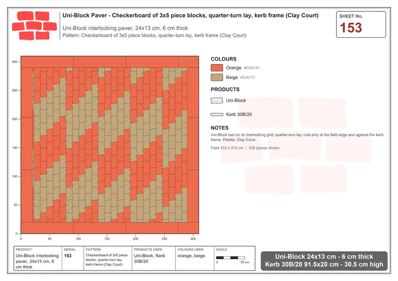 Interlock (Pasco) 24x13 cm · UNI-153 · Checkerboard of 3x5 piece blocks, quarter-turn lay, kerb frame (Clay Court) · Laying plan