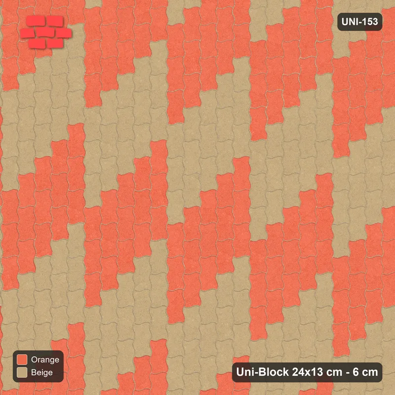 Interlock (Pasco) 24x13 cm · UNI-153 · Checkerboard of 3x5 piece blocks, quarter-turn lay, kerb frame (Clay Court) · Top view Interlock (Pasco) 24x13 cm · UNI-153 · Checkerboard of 3x5 piece blocks, quarter-turn lay, kerb frame (Clay Court) · Top view