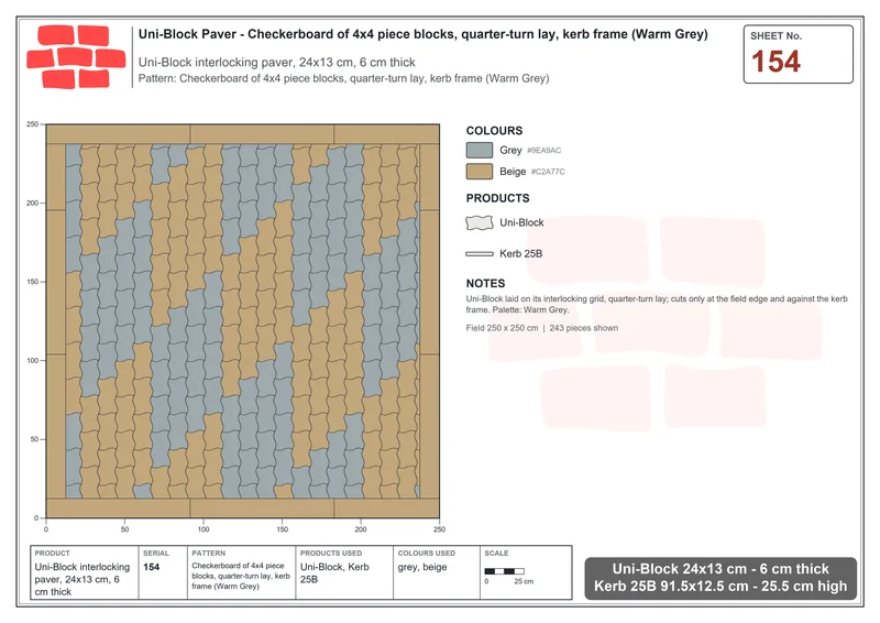 Interlock (Pasco) 24x13 cm · UNI-154 · Checkerboard of 4x4 piece blocks, quarter-turn lay, kerb frame (Warm Grey) · Laying plan