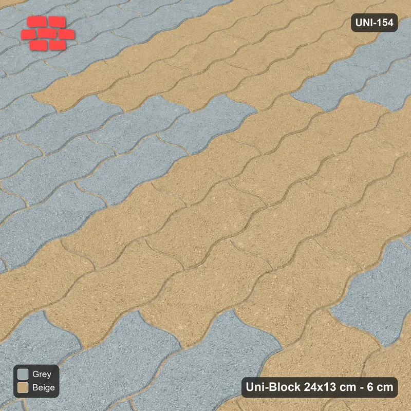 Interlock (Pasco) 24x13 cm · UNI-154 · Checkerboard of 4x4 piece blocks, quarter-turn lay, kerb frame (Warm Grey) · Side view Interlock (Pasco) 24x13 cm · UNI-154 · Checkerboard of 4x4 piece blocks, quarter-turn lay, kerb frame (Warm Grey) · Side view