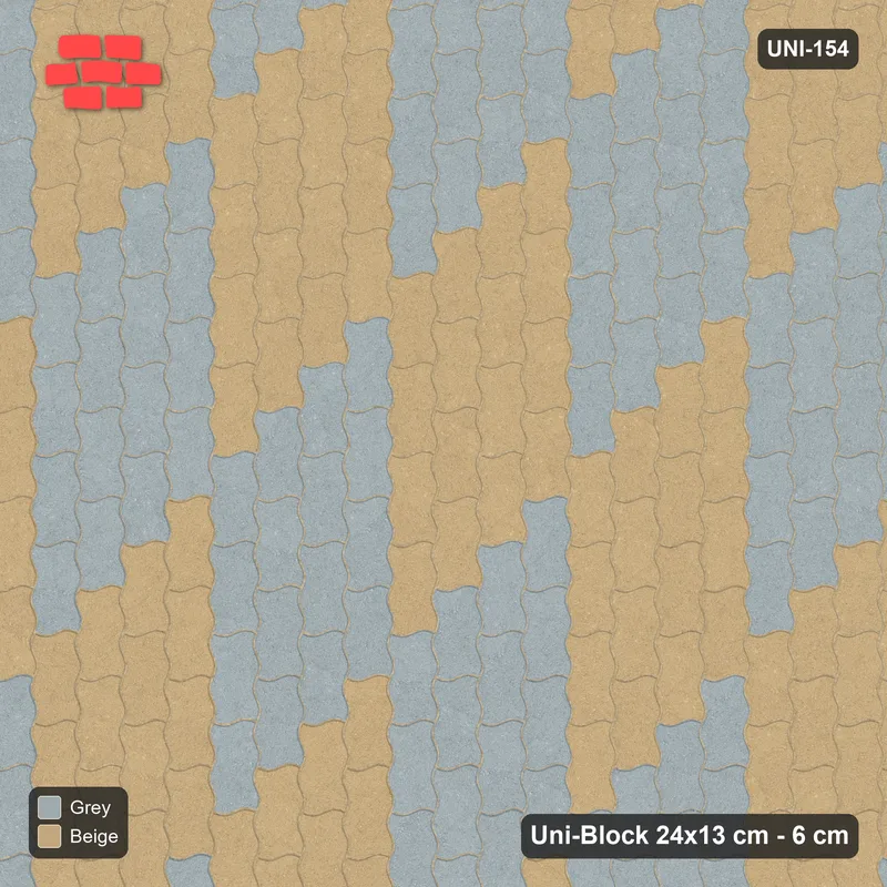 Interlock (Pasco) 24x13 cm · UNI-154 · Checkerboard of 4x4 piece blocks, quarter-turn lay, kerb frame (Warm Grey) · Top view Interlock (Pasco) 24x13 cm · UNI-154 · Checkerboard of 4x4 piece blocks, quarter-turn lay, kerb frame (Warm Grey) · Top view