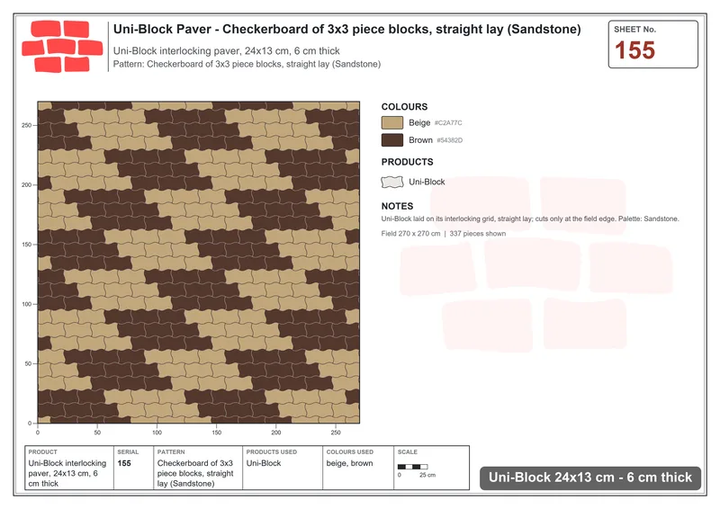 Interlock (Pasco) 24x13 cm · UNI-155 · Checkerboard of 3x3 piece blocks, straight lay (Sandstone) · Laying plan