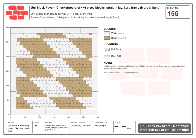 Interlock (Pasco) 24x13 cm · UNI-156 · Checkerboard of 4x6 piece blocks, straight lay, kerb frame (Ivory & Sand) · Laying plan
