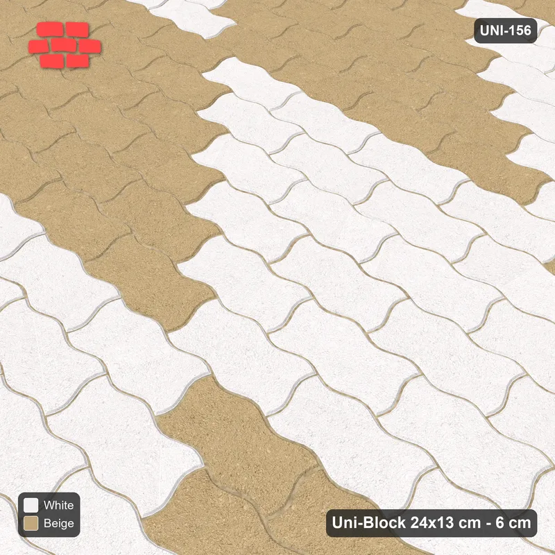 Interlock (Pasco) 24x13 cm · UNI-156 · Checkerboard of 4x6 piece blocks, straight lay, kerb frame (Ivory & Sand) · Side view Interlock (Pasco) 24x13 cm · UNI-156 · Checkerboard of 4x6 piece blocks, straight lay, kerb frame (Ivory & Sand) · Side view