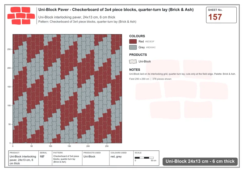 Interlock (Pasco) 24x13 cm · UNI-157 · Checkerboard of 3x4 piece blocks, quarter-turn lay (Brick & Ash) · Laying plan