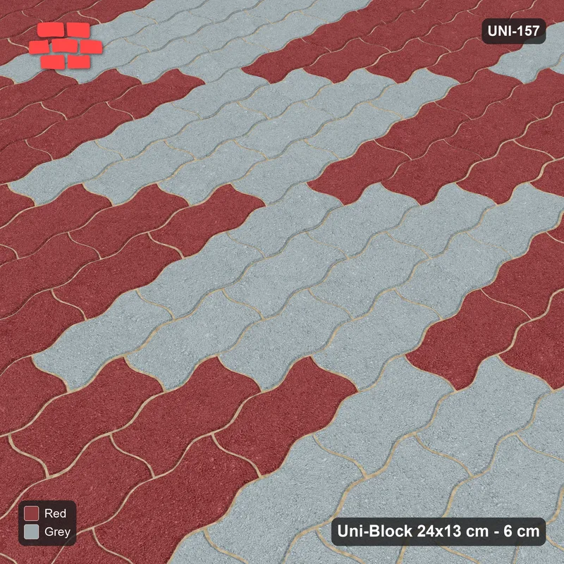 Interlock (Pasco) 24x13 cm · UNI-157 · Checkerboard of 3x4 piece blocks, quarter-turn lay (Brick & Ash) · Side view Interlock (Pasco) 24x13 cm · UNI-157 · Checkerboard of 3x4 piece blocks, quarter-turn lay (Brick & Ash) · Side view