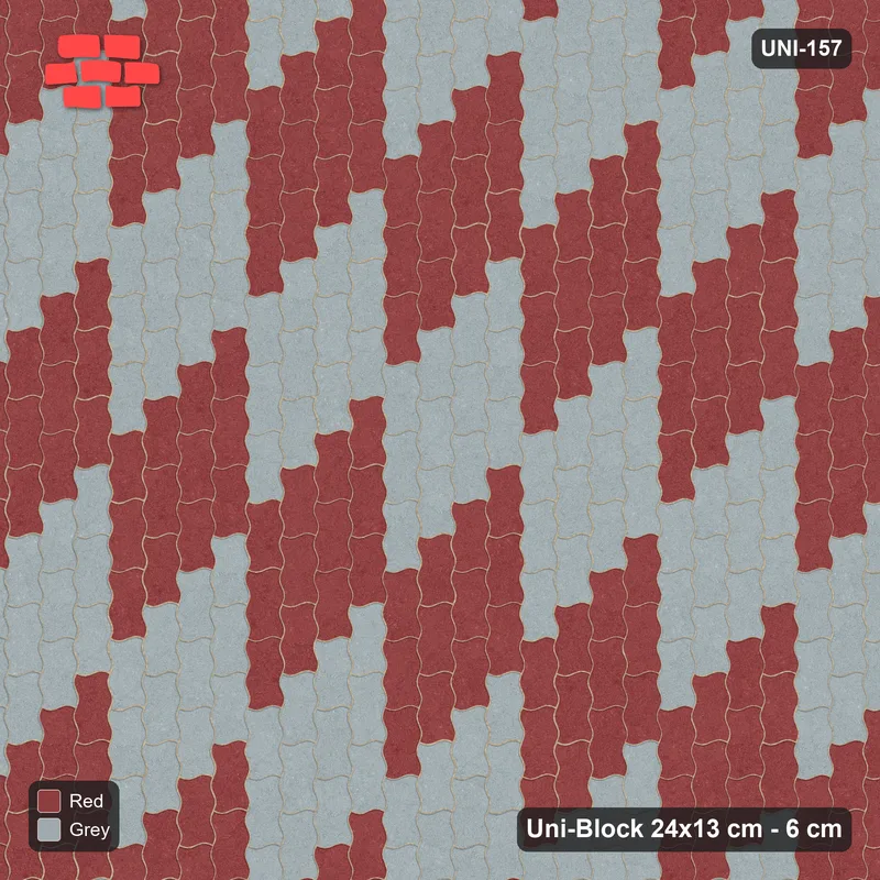Interlock (Pasco) 24x13 cm · UNI-157 · Checkerboard of 3x4 piece blocks, quarter-turn lay (Brick & Ash) · Top view Interlock (Pasco) 24x13 cm · UNI-157 · Checkerboard of 3x4 piece blocks, quarter-turn lay (Brick & Ash) · Top view