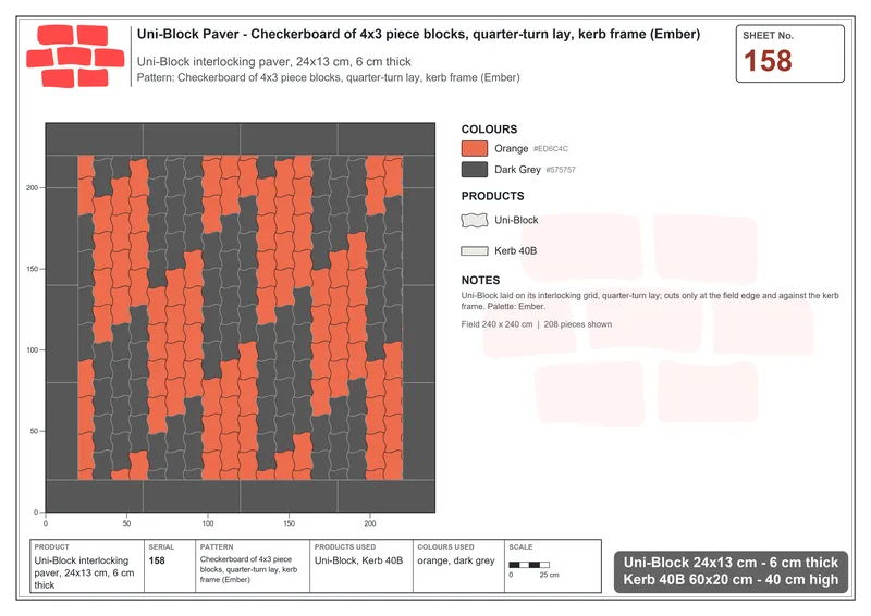 Interlock (Pasco) 24x13 cm · UNI-158 · Checkerboard of 4x3 piece blocks, quarter-turn lay, kerb frame (Ember) · Laying plan