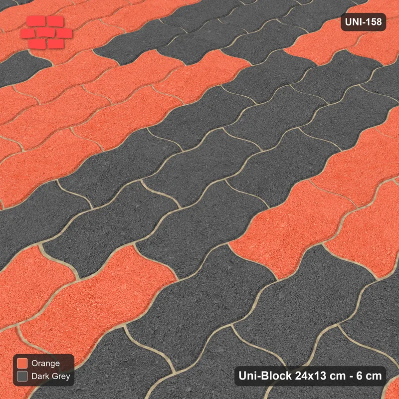 Interlock (Pasco) 24x13 cm · UNI-158 · Checkerboard of 4x3 piece blocks, quarter-turn lay, kerb frame (Ember) · Side view Interlock (Pasco) 24x13 cm · UNI-158 · Checkerboard of 4x3 piece blocks, quarter-turn lay, kerb frame (Ember) · Side view
