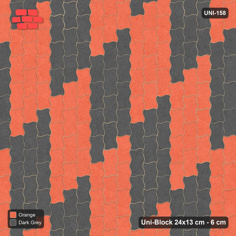 Interlock (Pasco) 24x13 cm · UNI-158 · Checkerboard of 4x3 piece blocks, quarter-turn lay, kerb frame (Ember) · Top view Interlock (Pasco) 24x13 cm · UNI-158 · Checkerboard of 4x3 piece blocks, quarter-turn lay, kerb frame (Ember) · Top view