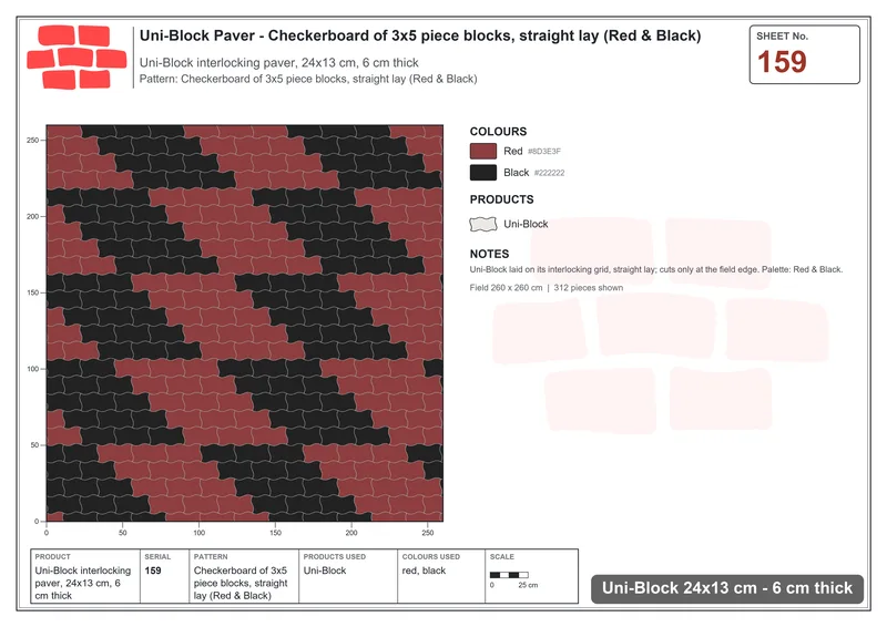 Interlock (Pasco) 24x13 cm · UNI-159 · Checkerboard of 3x5 piece blocks, straight lay (Red & Black) · Laying plan