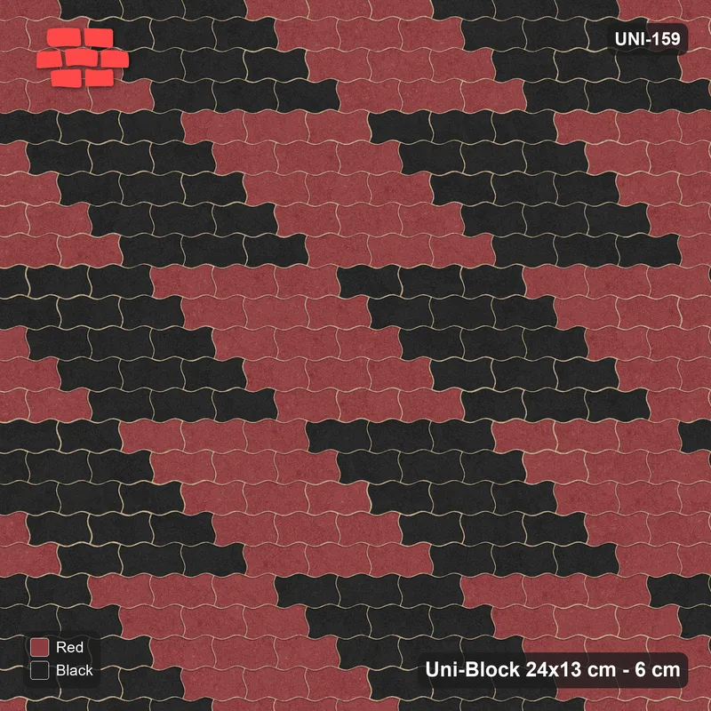 Interlock (Pasco) 24x13 cm · UNI-159 · Checkerboard of 3x5 piece blocks, straight lay (Red & Black) · Top view Interlock (Pasco) 24x13 cm · UNI-159 · Checkerboard of 3x5 piece blocks, straight lay (Red & Black) · Top view