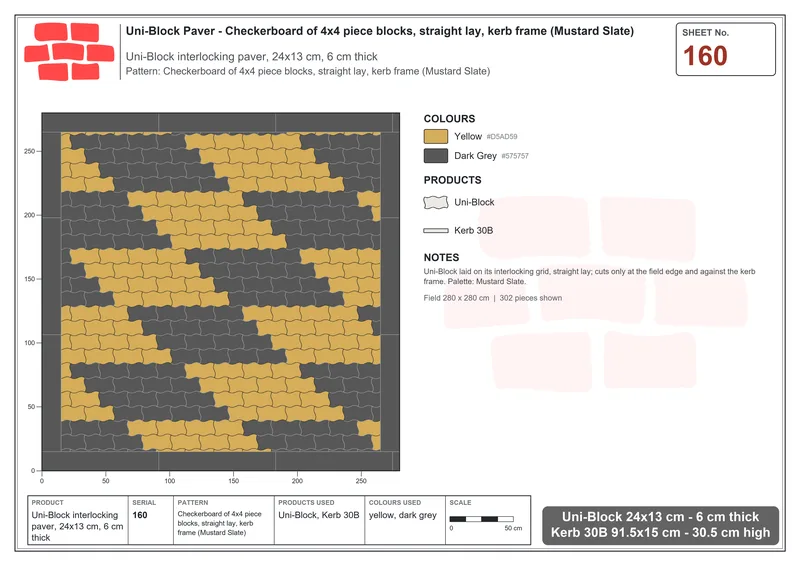 Interlock (Pasco) 24x13 cm · UNI-160 · Checkerboard of 4x4 piece blocks, straight lay, kerb frame (Mustard Slate) · Laying plan