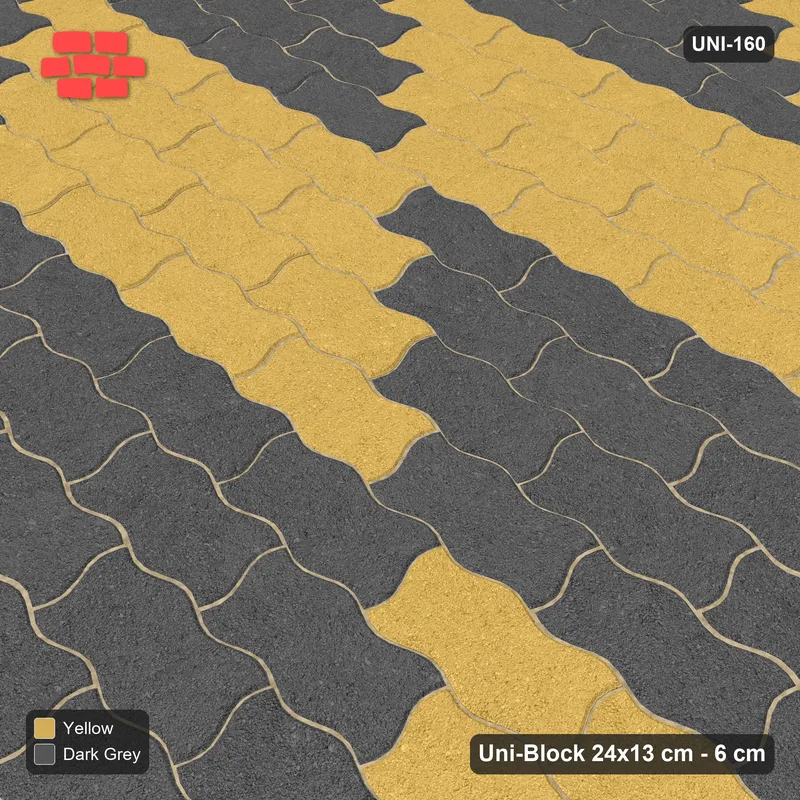 Interlock (Pasco) 24x13 cm · UNI-160 · Checkerboard of 4x4 piece blocks, straight lay, kerb frame (Mustard Slate) · Side view Interlock (Pasco) 24x13 cm · UNI-160 · Checkerboard of 4x4 piece blocks, straight lay, kerb frame (Mustard Slate) · Side view