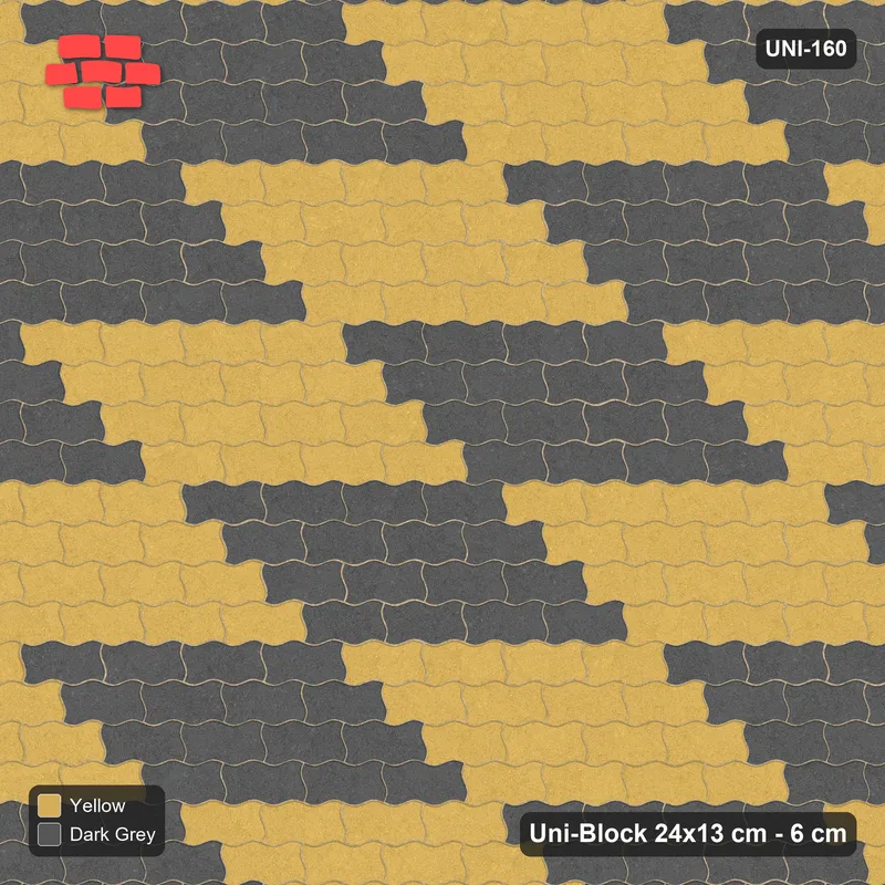 Interlock (Pasco) 24x13 cm · UNI-160 · Checkerboard of 4x4 piece blocks, straight lay, kerb frame (Mustard Slate) · Top view Interlock (Pasco) 24x13 cm · UNI-160 · Checkerboard of 4x4 piece blocks, straight lay, kerb frame (Mustard Slate) · Top view