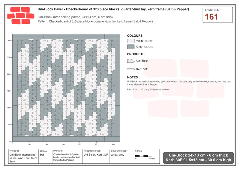 Interlock (Pasco) 24x13 cm · UNI-161 · Checkerboard of 3x3 piece blocks, quarter-turn lay, kerb frame (Salt & Pepper) · Laying plan