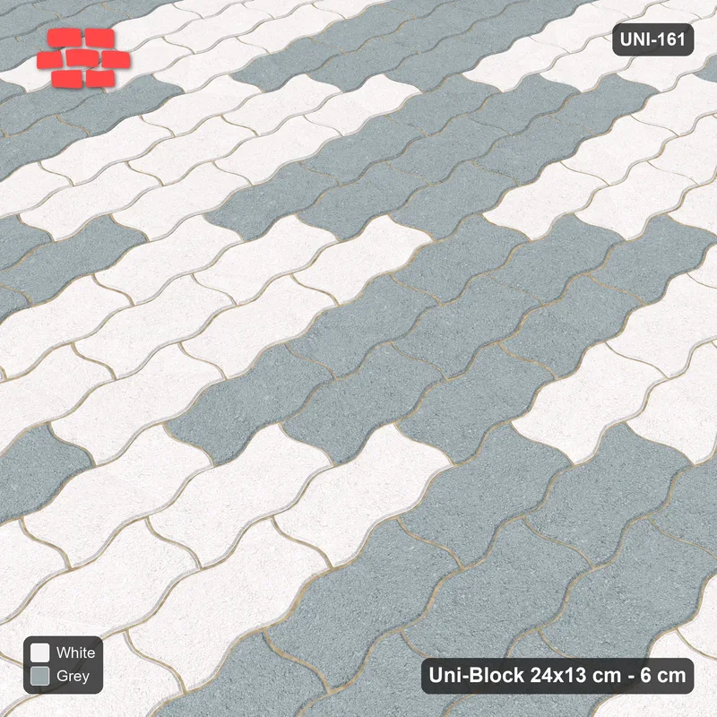Interlock (Pasco) 24x13 cm · UNI-161 · Checkerboard of 3x3 piece blocks, quarter-turn lay, kerb frame (Salt & Pepper) · Side view Interlock (Pasco) 24x13 cm · UNI-161 · Checkerboard of 3x3 piece blocks, quarter-turn lay, kerb frame (Salt & Pepper) · Side view