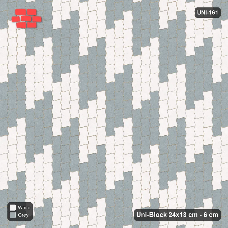 Interlock (Pasco) 24x13 cm · UNI-161 · Checkerboard of 3x3 piece blocks, quarter-turn lay, kerb frame (Salt & Pepper) · Top view Interlock (Pasco) 24x13 cm · UNI-161 · Checkerboard of 3x3 piece blocks, quarter-turn lay, kerb frame (Salt & Pepper) · Top view