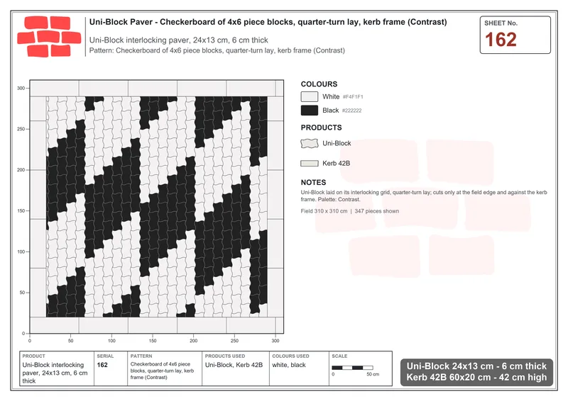 Interlock (Pasco) 24x13 cm · UNI-162 · Checkerboard of 4x6 piece blocks, quarter-turn lay, kerb frame (Contrast) · Laying plan
