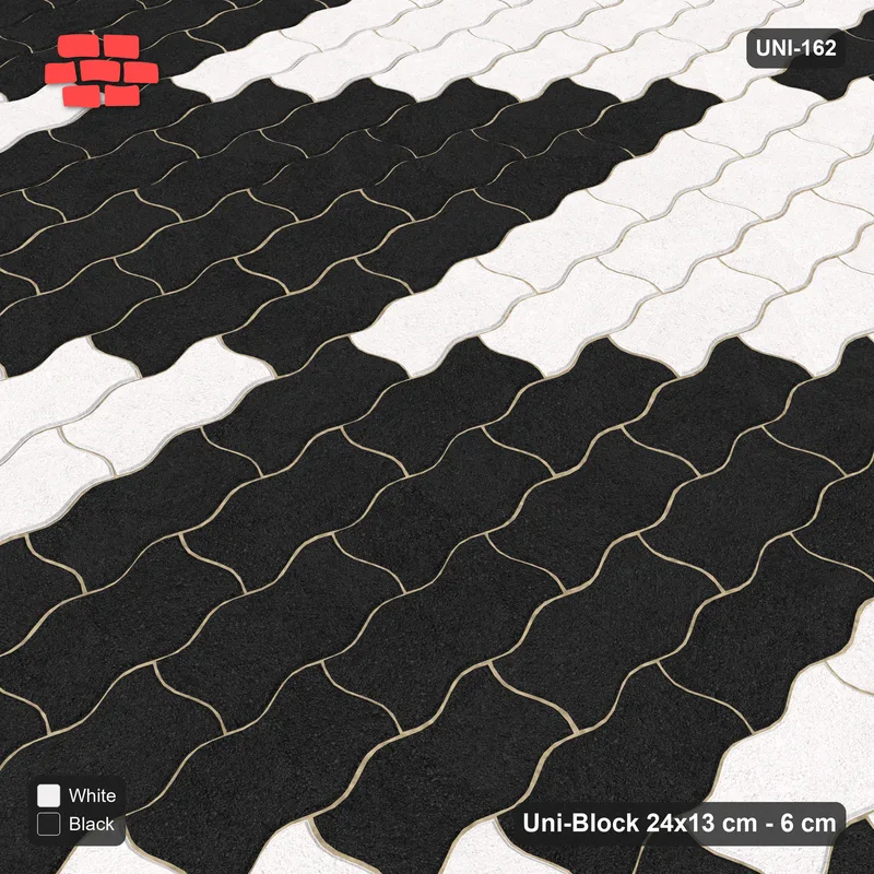 Interlock (Pasco) 24x13 cm · UNI-162 · Checkerboard of 4x6 piece blocks, quarter-turn lay, kerb frame (Contrast) · Side view Interlock (Pasco) 24x13 cm · UNI-162 · Checkerboard of 4x6 piece blocks, quarter-turn lay, kerb frame (Contrast) · Side view