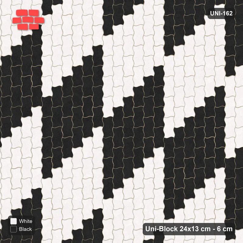 Interlock (Pasco) 24x13 cm · UNI-162 · Checkerboard of 4x6 piece blocks, quarter-turn lay, kerb frame (Contrast) · Top view Interlock (Pasco) 24x13 cm · UNI-162 · Checkerboard of 4x6 piece blocks, quarter-turn lay, kerb frame (Contrast) · Top view