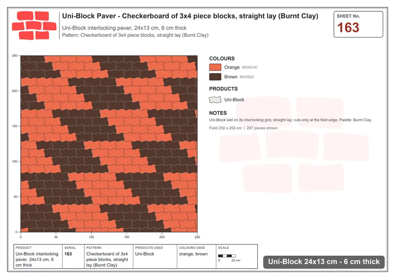 Interlock (Pasco) 24x13 cm · UNI-163 · Checkerboard of 3x4 piece blocks, straight lay (Burnt Clay) · Laying plan