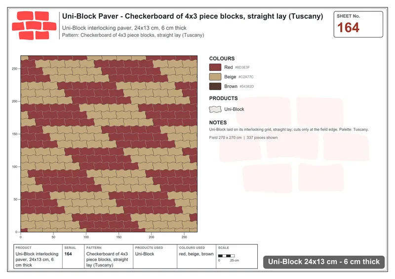Interlock (Pasco) 24x13 cm · UNI-164 · Checkerboard of 4x3 piece blocks, straight lay (Tuscany) · Laying plan