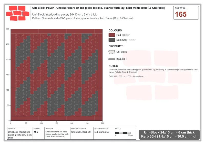 Interlock (Pasco) 24x13 cm · UNI-165 · Checkerboard of 3x5 piece blocks, quarter-turn lay, kerb frame (Rust & Charcoal) · Laying plan