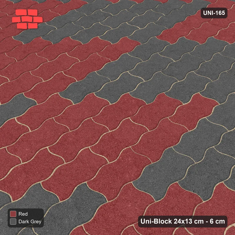 Interlock (Pasco) 24x13 cm · UNI-165 · Checkerboard of 3x5 piece blocks, quarter-turn lay, kerb frame (Rust & Charcoal) · Side view Interlock (Pasco) 24x13 cm · UNI-165 · Checkerboard of 3x5 piece blocks, quarter-turn lay, kerb frame (Rust & Charcoal) · Side view