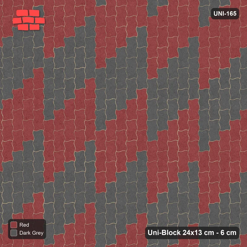 Interlock (Pasco) 24x13 cm · UNI-165 · Checkerboard of 3x5 piece blocks, quarter-turn lay, kerb frame (Rust & Charcoal) · Top view Interlock (Pasco) 24x13 cm · UNI-165 · Checkerboard of 3x5 piece blocks, quarter-turn lay, kerb frame (Rust & Charcoal) · Top view