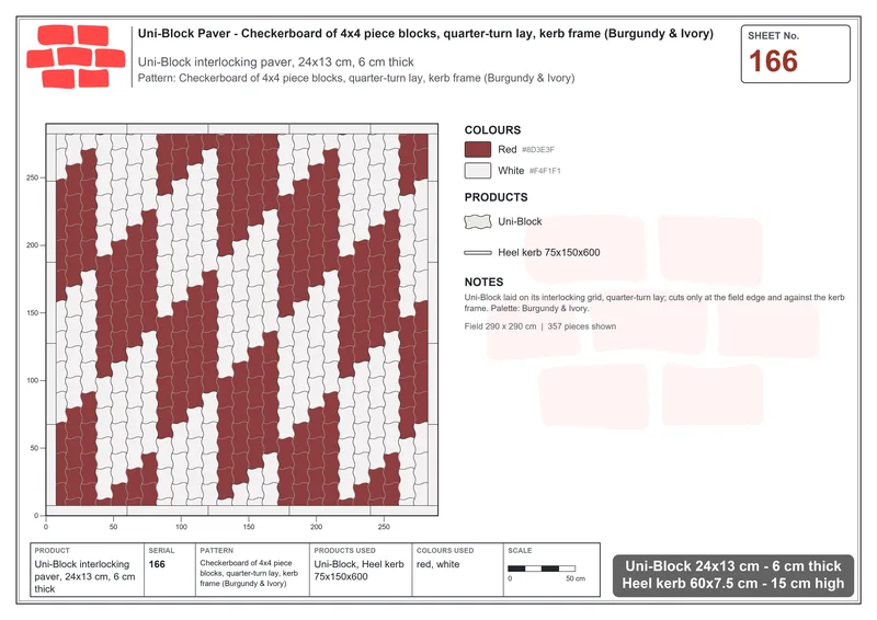Interlock (Pasco) 24x13 cm · UNI-166 · Checkerboard of 4x4 piece blocks, quarter-turn lay, kerb frame (Burgundy & Ivory) · Laying plan