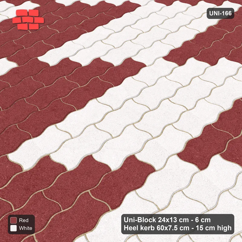Interlock (Pasco) 24x13 cm · UNI-166 · Checkerboard of 4x4 piece blocks, quarter-turn lay, kerb frame (Burgundy & Ivory) · Side view Interlock (Pasco) 24x13 cm · UNI-166 · Checkerboard of 4x4 piece blocks, quarter-turn lay, kerb frame (Burgundy & Ivory) · Side view