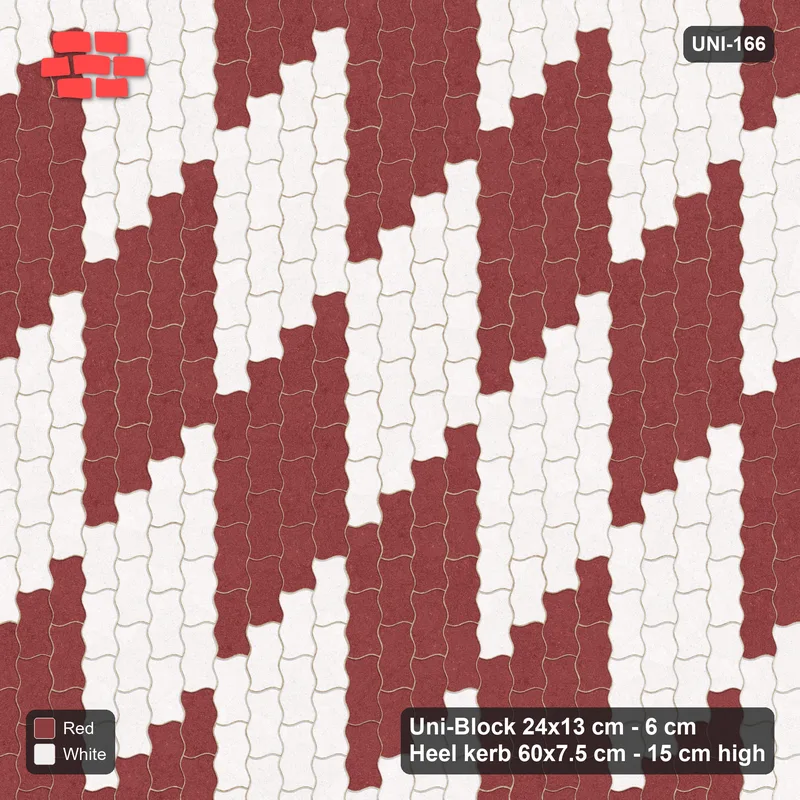 Interlock (Pasco) 24x13 cm · UNI-166 · Checkerboard of 4x4 piece blocks, quarter-turn lay, kerb frame (Burgundy & Ivory) · Top view Interlock (Pasco) 24x13 cm · UNI-166 · Checkerboard of 4x4 piece blocks, quarter-turn lay, kerb frame (Burgundy & Ivory) · Top view