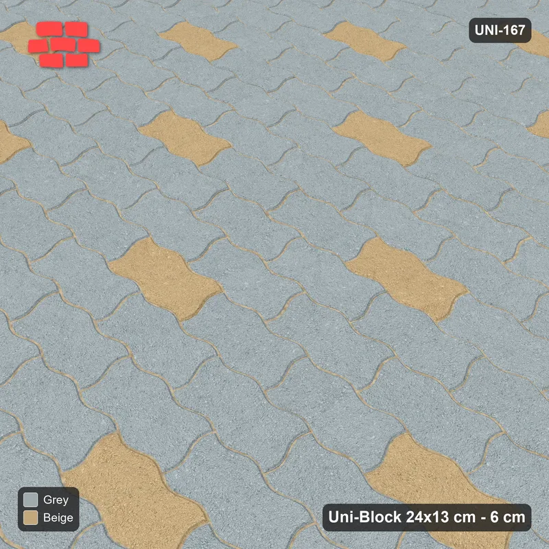 Interlock (Pasco) 24x13 cm · UNI-167 · Scattered accent pieces, one in every 3x3, straight lay (Warm Grey) · Side view Interlock (Pasco) 24x13 cm · UNI-167 · Scattered accent pieces, one in every 3x3, straight lay (Warm Grey) · Side view