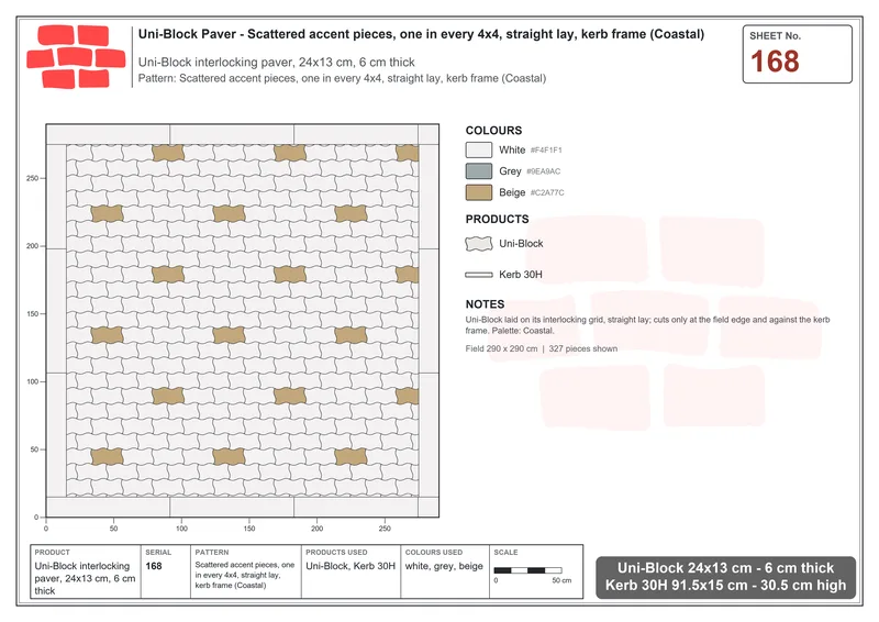 Interlock (Pasco) 24x13 cm · UNI-168 · Scattered accent pieces, one in every 4x4, straight lay, kerb frame (Coastal) · Laying plan