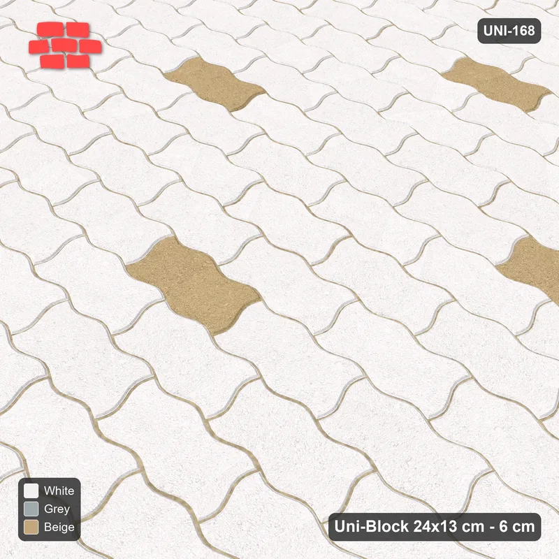 Interlock (Pasco) 24x13 cm · UNI-168 · Scattered accent pieces, one in every 4x4, straight lay, kerb frame (Coastal) · Side view Interlock (Pasco) 24x13 cm · UNI-168 · Scattered accent pieces, one in every 4x4, straight lay, kerb frame (Coastal) · Side view