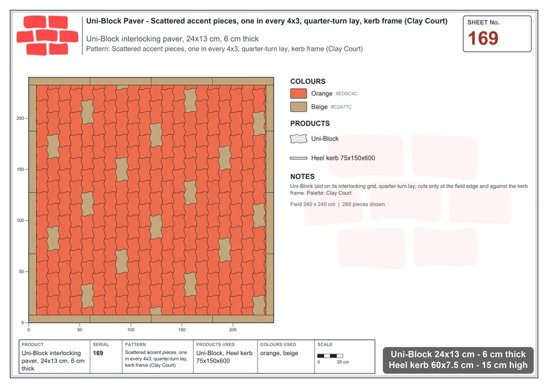 Interlock (Pasco) 24x13 cm · UNI-169 · Scattered accent pieces, one in every 4x3, quarter-turn lay, kerb frame (Clay Court) · Laying plan