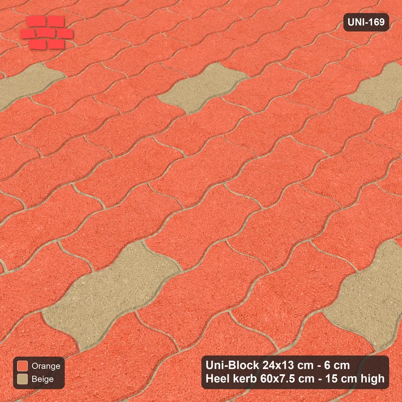 Interlock (Pasco) 24x13 cm · UNI-169 · Scattered accent pieces, one in every 4x3, quarter-turn lay, kerb frame (Clay Court) · Side view Interlock (Pasco) 24x13 cm · UNI-169 · Scattered accent pieces, one in every 4x3, quarter-turn lay, kerb frame (Clay Court) · Side view