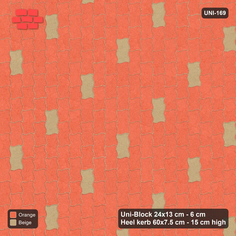 Interlock (Pasco) 24x13 cm · UNI-169 · Scattered accent pieces, one in every 4x3, quarter-turn lay, kerb frame (Clay Court) · Top view Interlock (Pasco) 24x13 cm · UNI-169 · Scattered accent pieces, one in every 4x3, quarter-turn lay, kerb frame (Clay Court) · Top view