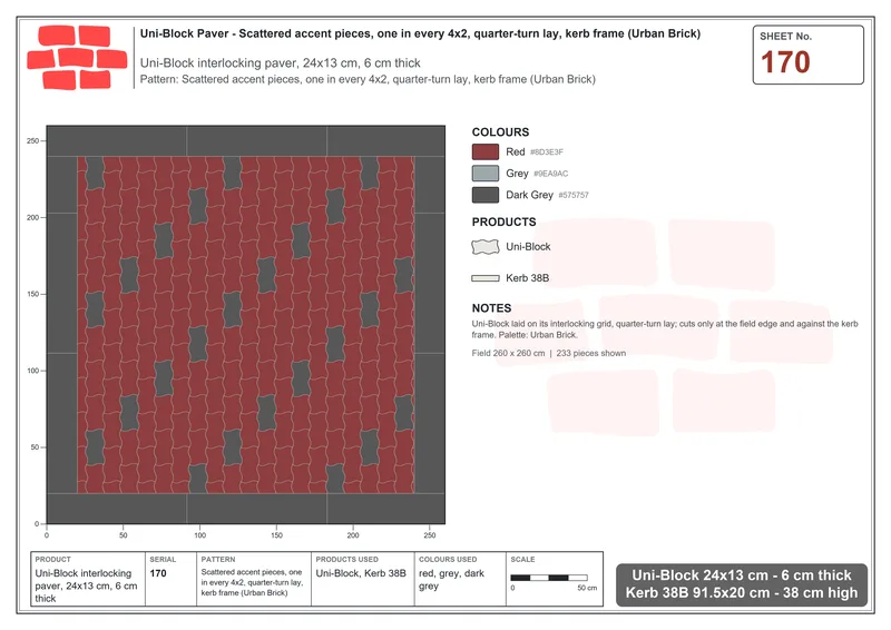 Interlock (Pasco) 24x13 cm · UNI-170 · Scattered accent pieces, one in every 4x2, quarter-turn lay, kerb frame (Urban Brick) · Laying plan