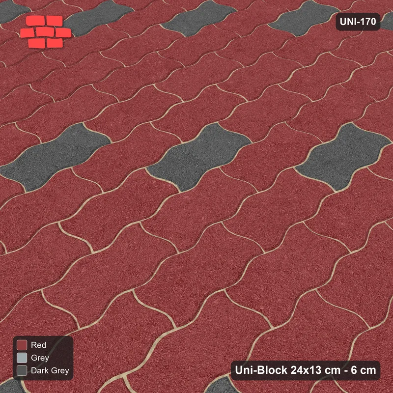 Interlock (Pasco) 24x13 cm · UNI-170 · Scattered accent pieces, one in every 4x2, quarter-turn lay, kerb frame (Urban Brick) · Side view Interlock (Pasco) 24x13 cm · UNI-170 · Scattered accent pieces, one in every 4x2, quarter-turn lay, kerb frame (Urban Brick) · Side view