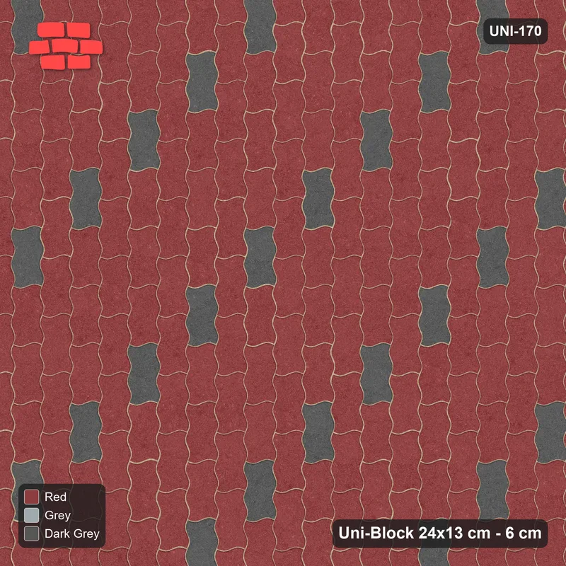 Interlock (Pasco) 24x13 cm · UNI-170 · Scattered accent pieces, one in every 4x2, quarter-turn lay, kerb frame (Urban Brick) · Top view Interlock (Pasco) 24x13 cm · UNI-170 · Scattered accent pieces, one in every 4x2, quarter-turn lay, kerb frame (Urban Brick) · Top view