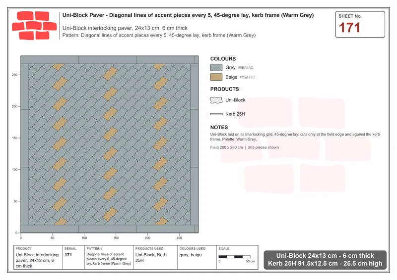Interlock (Pasco) 24x13 cm · UNI-171 · Diagonal lines of accent pieces every 5, 45-degree lay, kerb frame (Warm Grey) · Laying plan