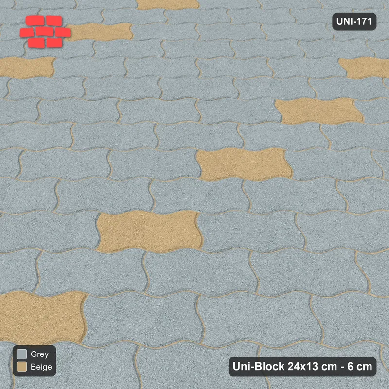 Interlock (Pasco) 24x13 cm · UNI-171 · Diagonal lines of accent pieces every 5, 45-degree lay, kerb frame (Warm Grey) · Side view Interlock (Pasco) 24x13 cm · UNI-171 · Diagonal lines of accent pieces every 5, 45-degree lay, kerb frame (Warm Grey) · Side view