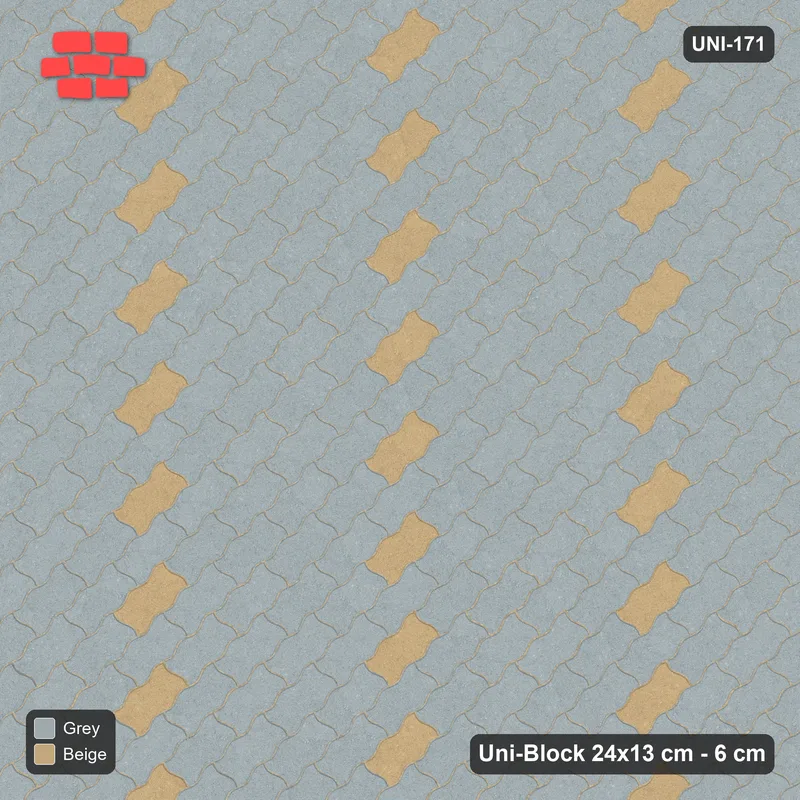 Interlock (Pasco) 24x13 cm · UNI-171 · Diagonal lines of accent pieces every 5, 45-degree lay, kerb frame (Warm Grey) · Top view Interlock (Pasco) 24x13 cm · UNI-171 · Diagonal lines of accent pieces every 5, 45-degree lay, kerb frame (Warm Grey) · Top view