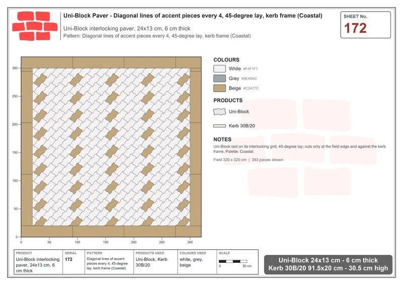 Interlock (Pasco) 24x13 cm · UNI-172 · Diagonal lines of accent pieces every 4, 45-degree lay, kerb frame (Coastal) · Laying plan